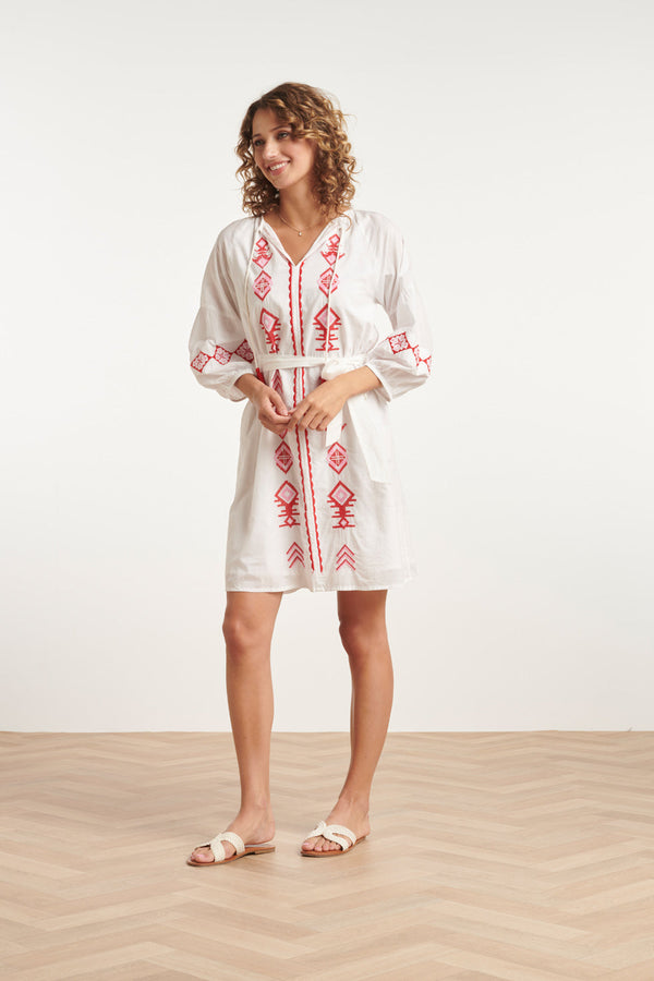 smashed lemon 24124 Ademende Te Jurk Met Tribal Borduurwerk | White-Multicolour