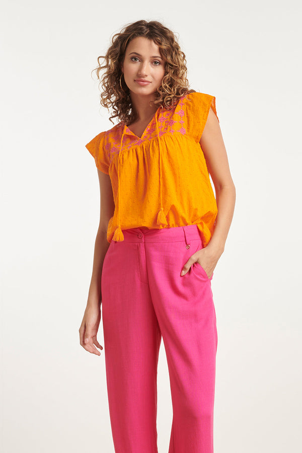 Smashed Lemon 24127 Vrolijke Korte Mouwen Top | Orange-Fuchsia