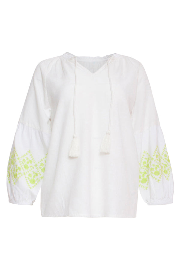 Smashed Lemon 24129 Zachte Te Top Met Limoen Bloemenborduurwerk | White-Lime