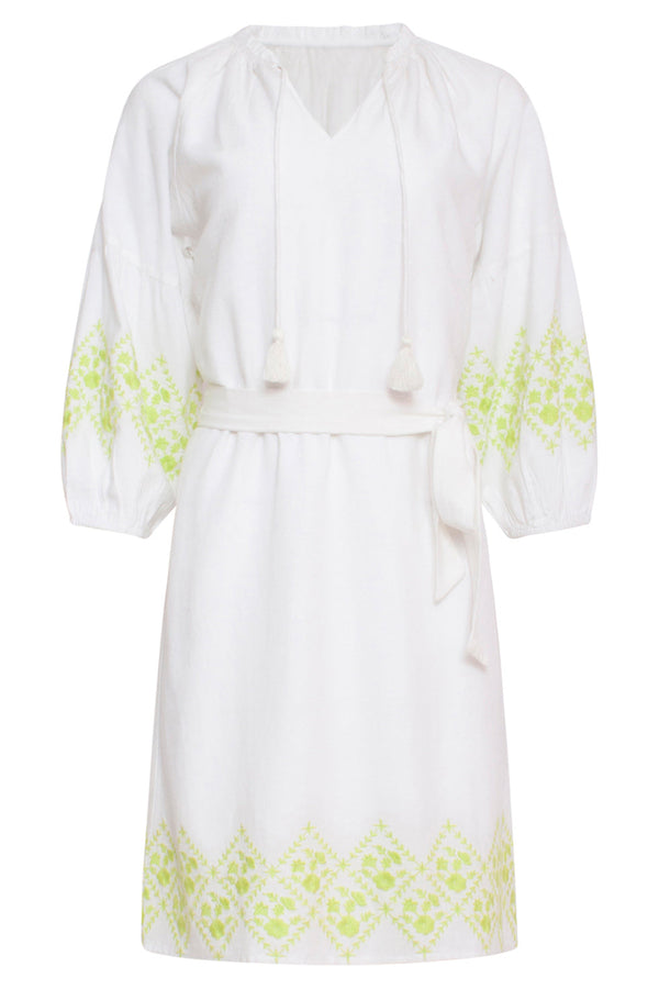 Smashed Lemon 24130 Zachte Te Jurk Met Limoen Bloemenborduurwerk | White-Lime