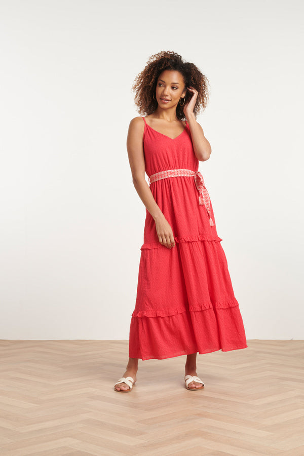 Smashed Lemon 24132 Katoenen Dobby Maxi Jurk Met Spaghettibandjes | Red