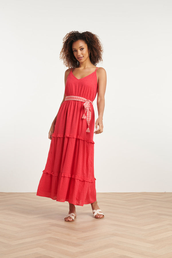 smashed lemon 24132 Katoenen Dobby Maxi Jurk Met Spaghettibandjes | Red