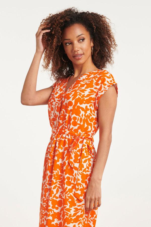 Smashed Lemon 24137 Bladerprint Jurk | Off White-Orange