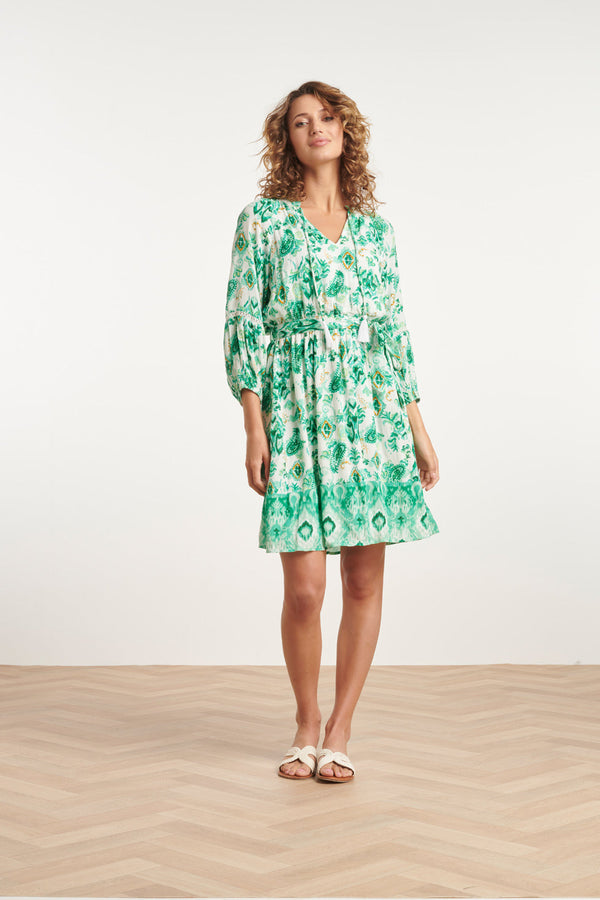 Smashed Lemon 24140 Fris - Ornamentprint Jurk Met V-Hals | White-Multicolour