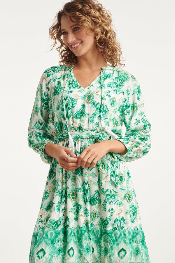 Smashed Lemon 24140 Fris - Ornamentprint Jurk Met V-Hals | White-Multicolour