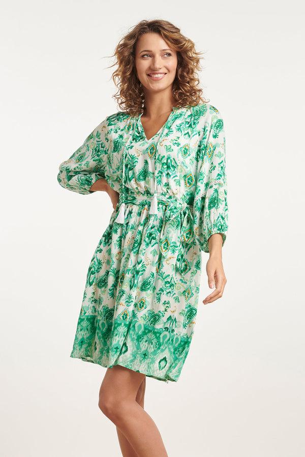 smashed lemon 24140 Fris - Ornamentprint Jurk Met V-Hals | White-Multicolour