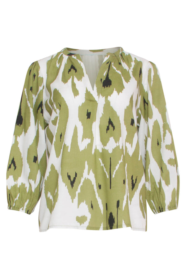Smashed Lemon 24142 Eenvoudige Klassieke Top Met Mos Aztekenprint | Off White-Light Army
