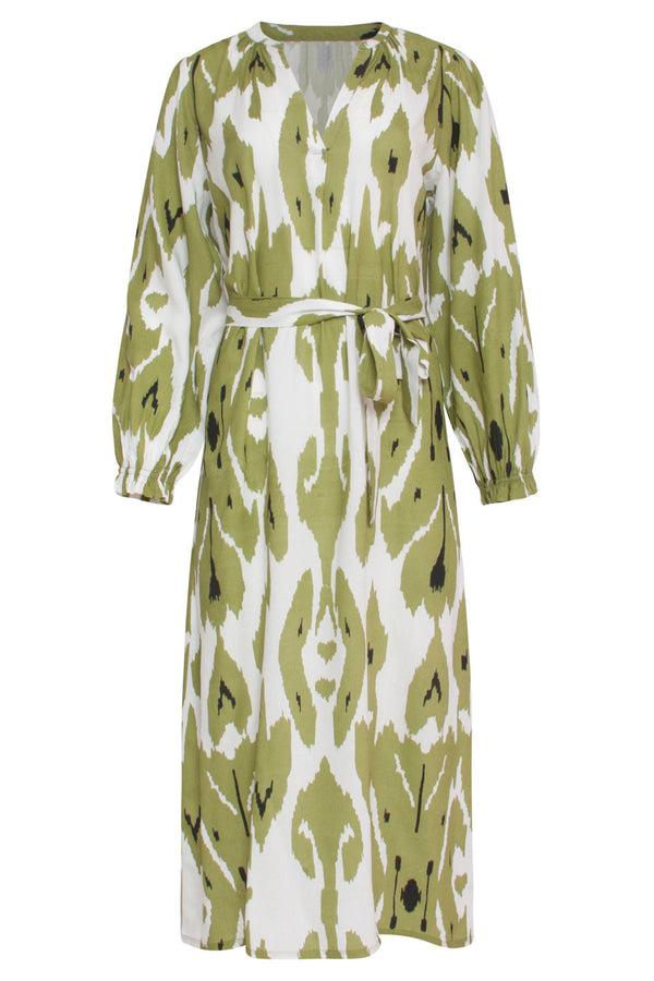 Smashed Lemon 24143 Eenvoudige Klassieke Jurk Met Mos Aztekenprint | Off White-Light Army