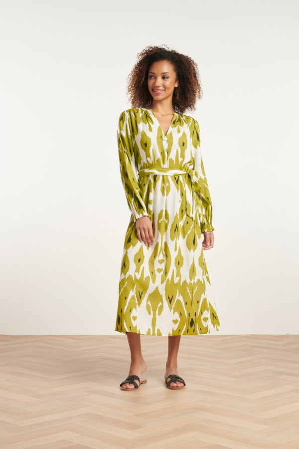 Smashed Lemon 24143 Eenvoudige Klassieke Jurk Met Mos Aztekenprint | Off White-Light Army