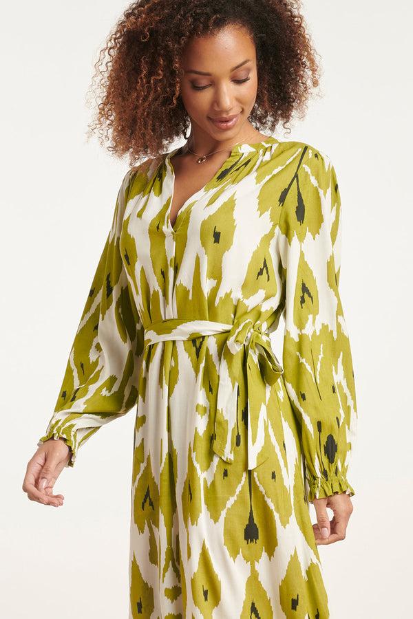 Smashed Lemon 24143 Eenvoudige Klassieke Jurk Met Mos Aztekenprint | Off White-Light Army