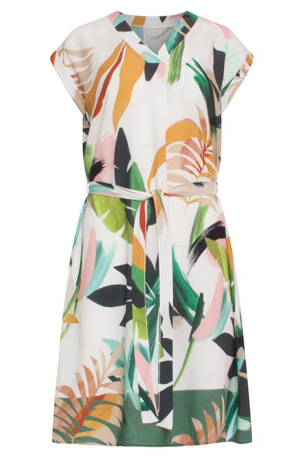 Smashed Lemon 24144 Eenvoudige Klassieke Zomerjurk Met Tropische Bladerenprint | White-Multicolour