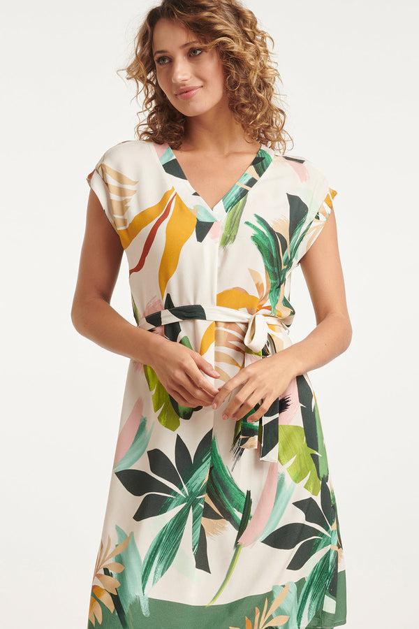 Smashed Lemon 24144 Eenvoudige Klassieke Zomerjurk Met Tropische Bladerenprint | White-Multicolour