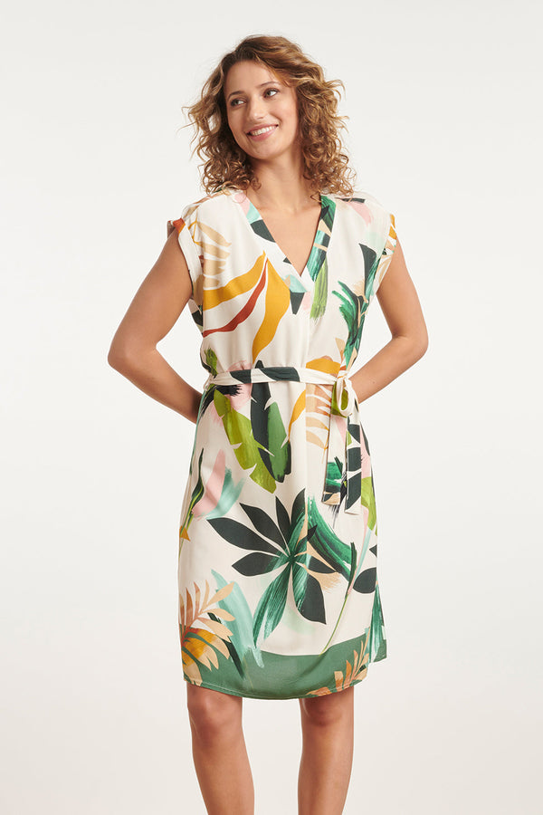 smashed lemon 24144 Eenvoudige Klassieke Zomerjurk Met Tropische Bladerenprint | White-Multicolour