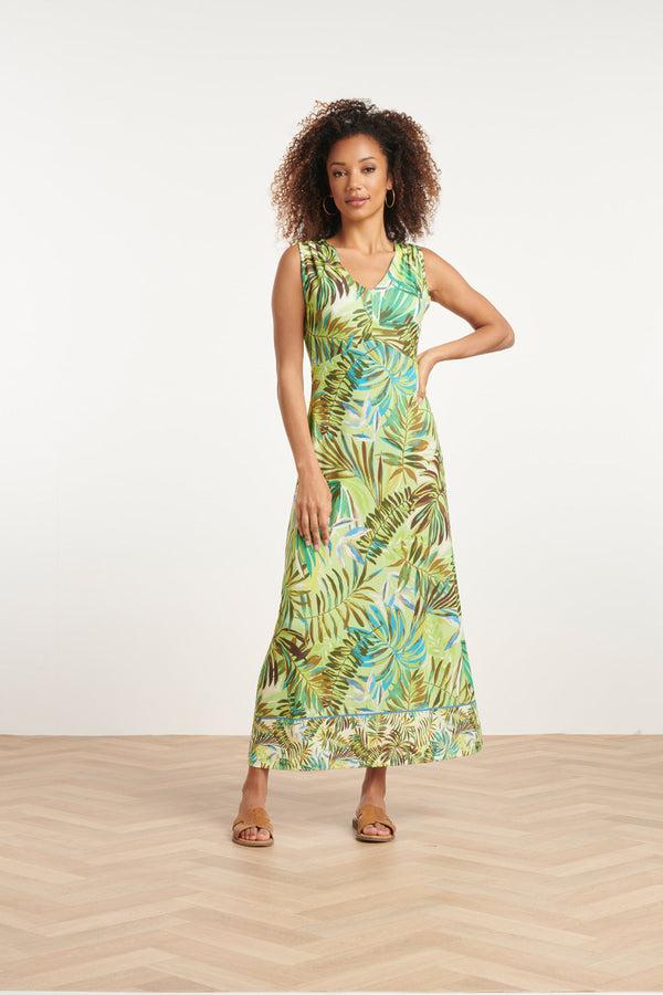 smashed lemon 24145 Comfortabele Stretch Maxi Zomerjurk Met Bladerenprint | Muticolour