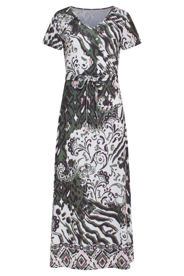 Smashed Lemon 24147 Stretch Zomerjurkarmy Green Aztec Print | Off-White-Multicolour