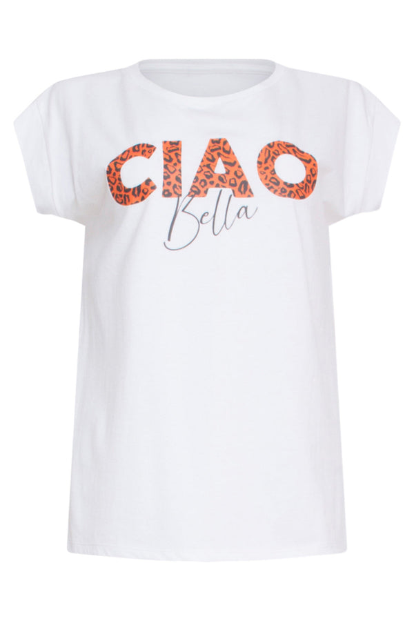 Smashed Lemon 24173 Moderne Te Top Met Korte Mouwencheetah Print | White-Orange