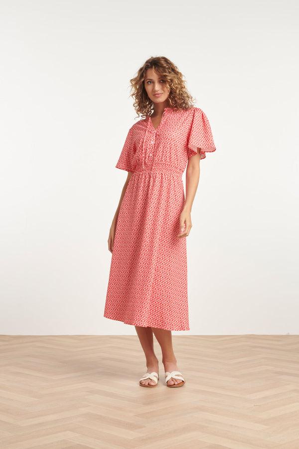 smashed lemon 24177 Midi Jurk Met Knoopsluitingsmok | Red-White