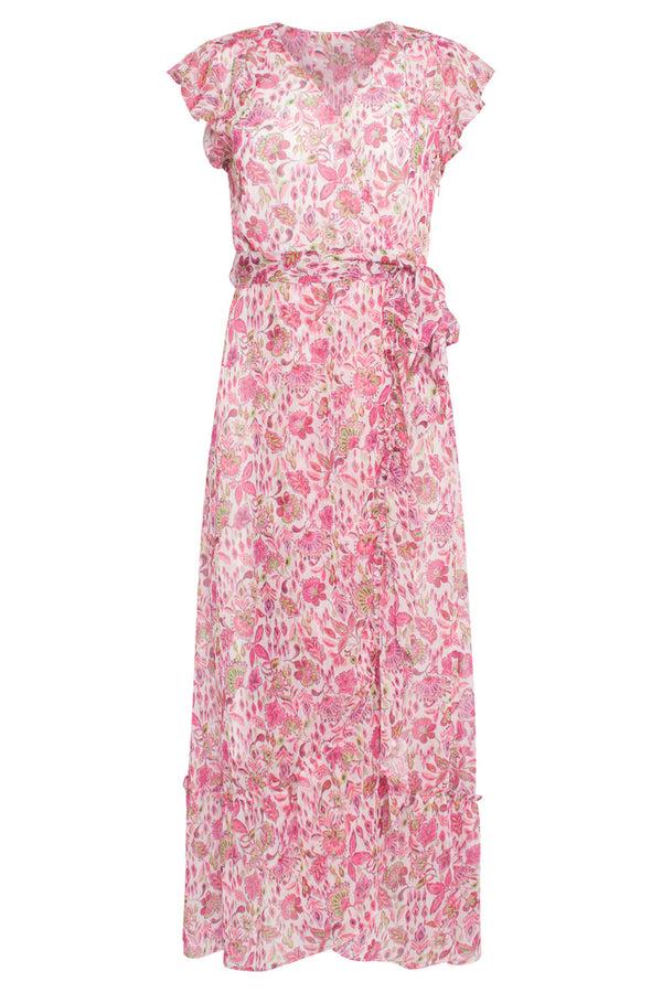 Smashed Lemon 24307 Wikkelstijl Maxi Jurk Van Chiffon Met Fuchsialime Bloemenprint | White-Multicolour