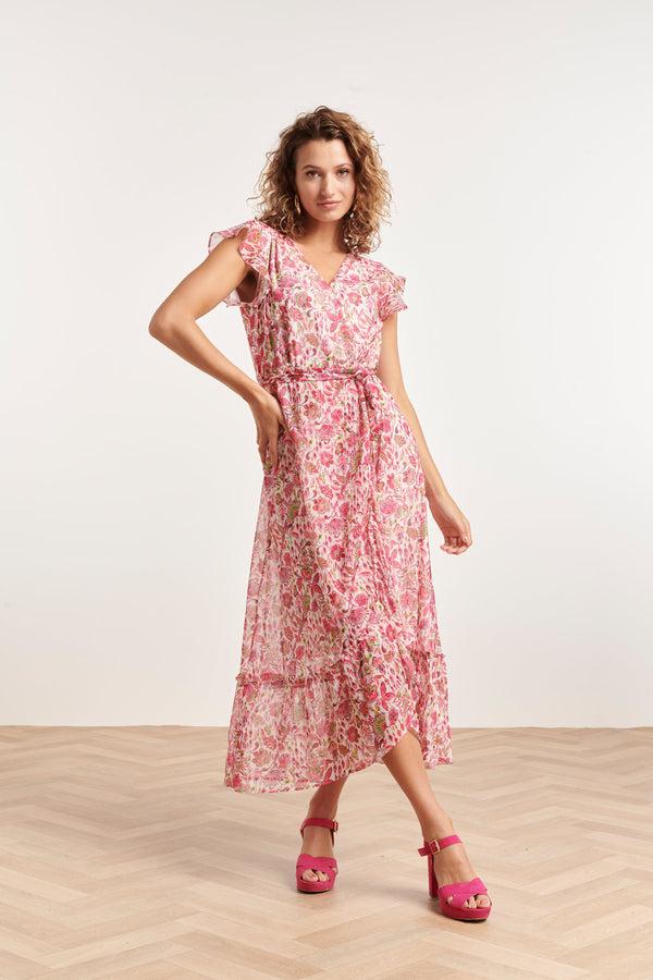 Smashed Lemon 24307 Wikkelstijl Maxi Jurk Van Chiffon Met Fuchsialime Bloemenprint | White-Multicolour