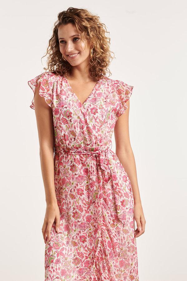 Smashed Lemon 24307 Wikkelstijl Maxi Jurk Van Chiffon Met Fuchsialime Bloemenprint | White-Multicolour