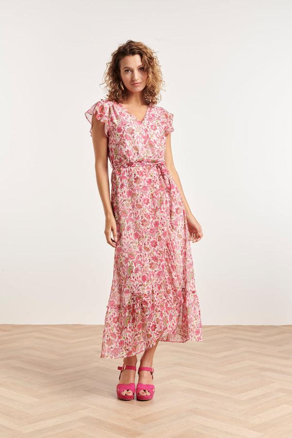 smashed lemon 24307 Wikkelstijl Maxi Jurk Van Chiffon Met Fuchsialime Bloemenprint | White-Multicolour