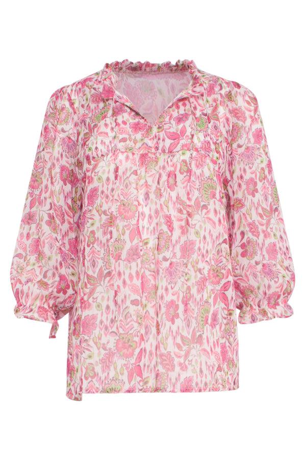 Smashed Lemon 24309 Chiffon Top Met Fuchsialime Bloemenprint | White-Multicolour