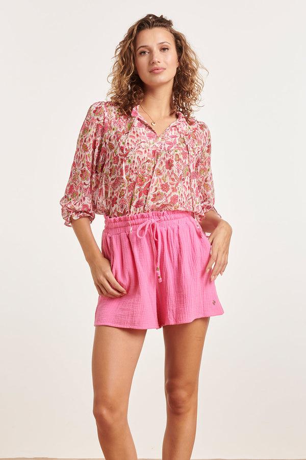 smashed lemon 24309 Chiffon Top Met Fuchsialime Bloemenprint | White-Multicolour