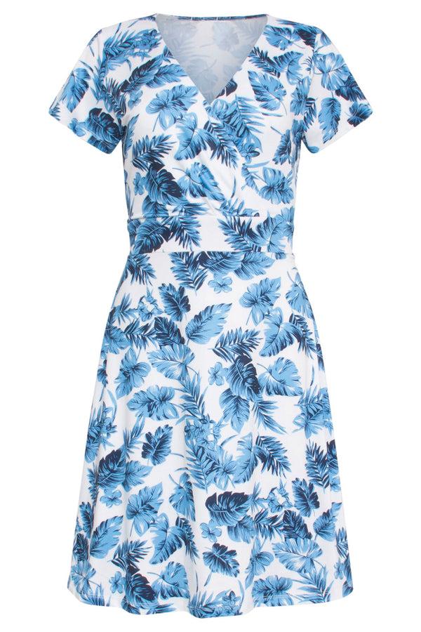Smashed Lemon 24310 Stretch Zomerjurkje - Verfrissend Bladerenpatroon | White-Blue