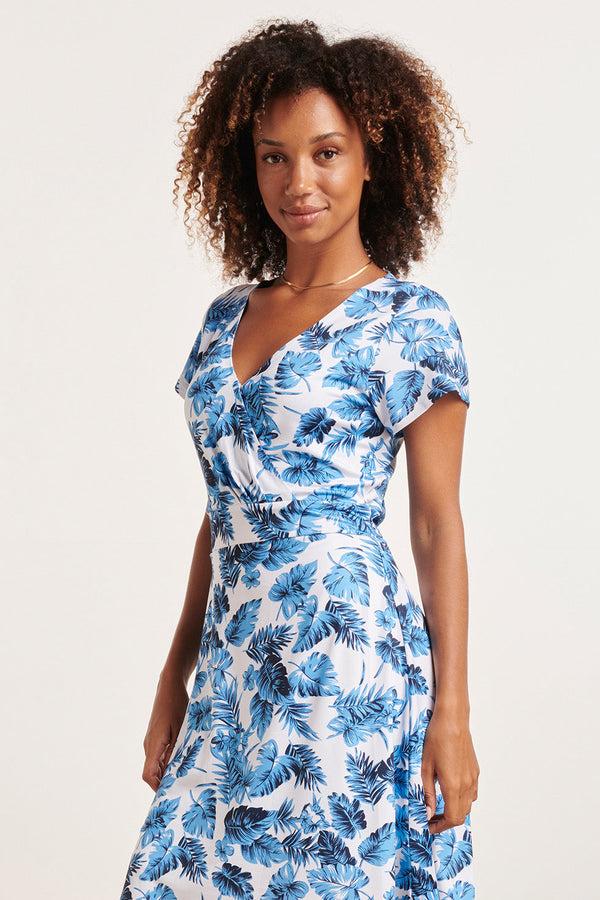 Smashed Lemon 24310 Stretch Zomerjurkje - Verfrissend Bladerenpatroon | White-Blue