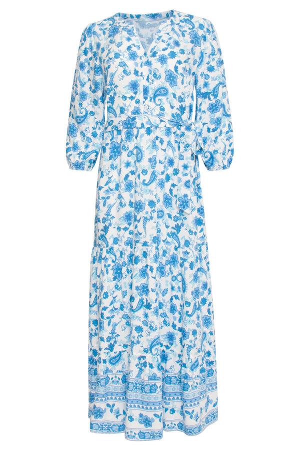 Smashed Lemon 24314 Prachtige Bloemen Paisley Maxi Jurk | White-Blue