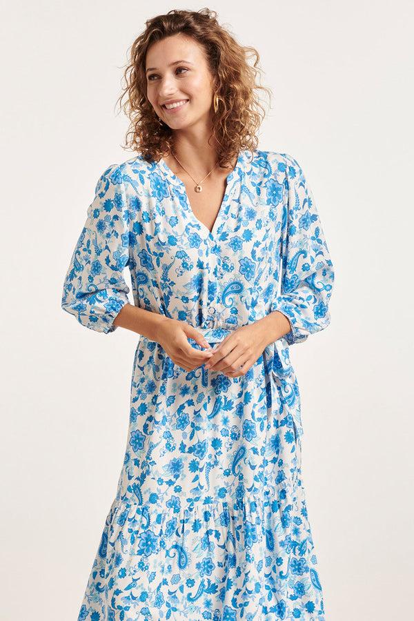 Smashed Lemon 24314 Prachtige Bloemen Paisley Maxi Jurk | White-Blue