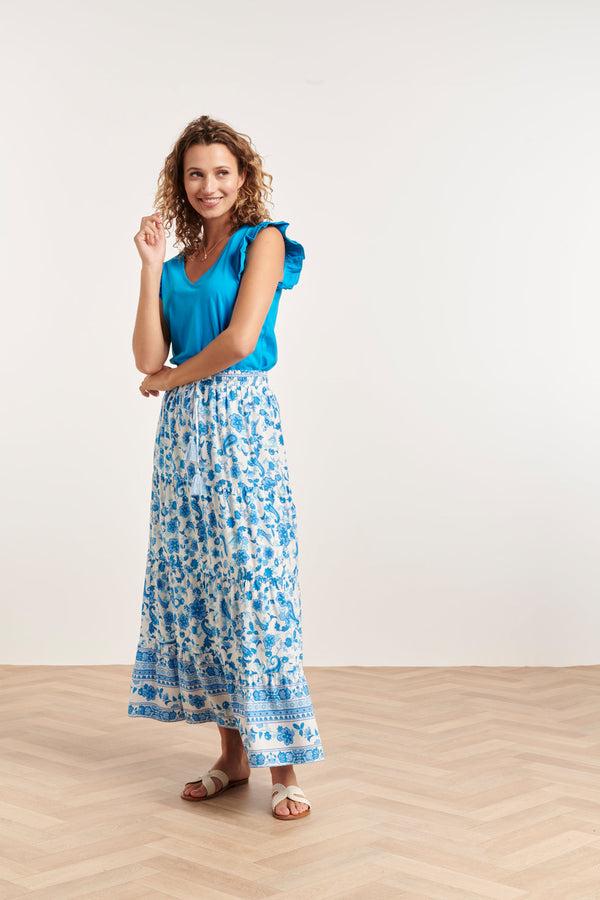 Smashed Lemon 24315 Prachtige Bloemen Paisley Maxi Rok | White-Blue