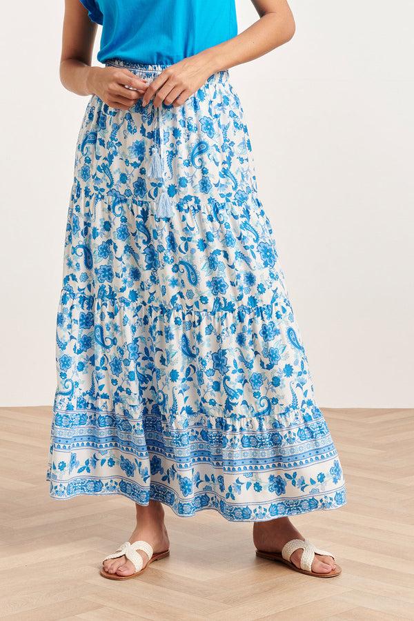 smashed lemon 24315 Prachtige Bloemen Paisley Maxi Rok | White-Blue