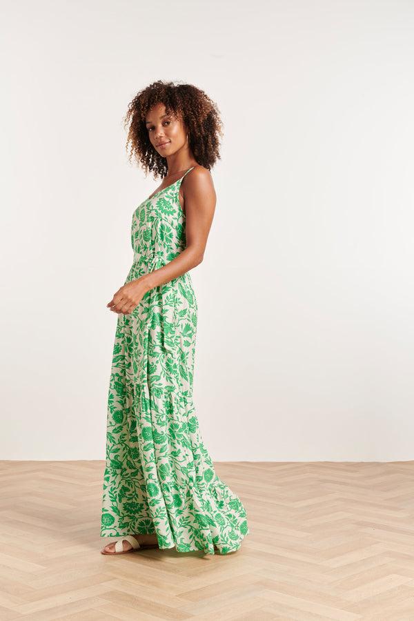 Smashed Lemon 24318 Maxi Jurk Met Spaghettibandjes - Levendige Bloemen Print | White-Green
