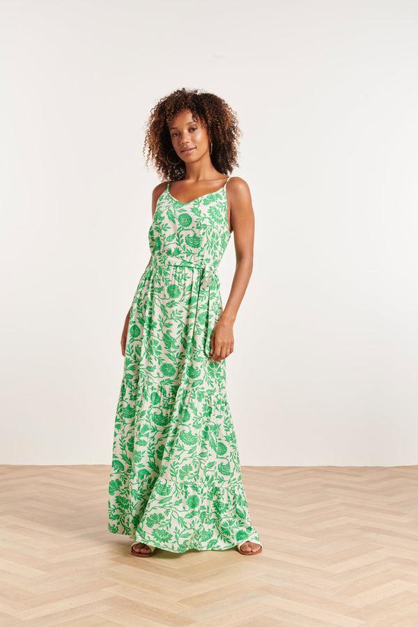 Smashed Lemon 24318 Maxi Jurk Met Spaghettibandjes - Levendige Bloemen Print | White-Green