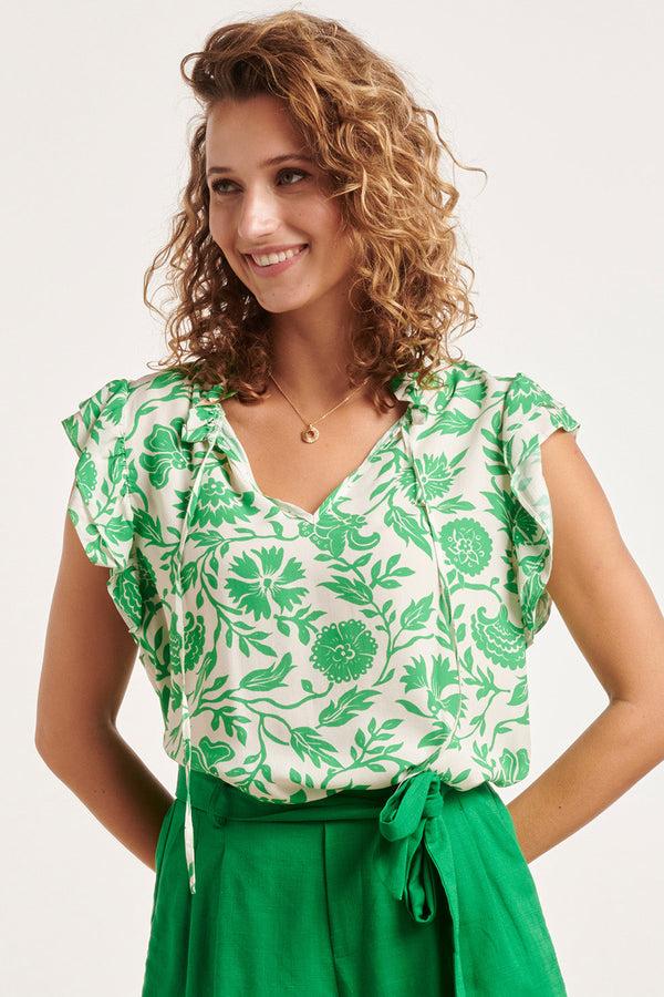 Smashed Lemon 24319 Zomerse Levendige Bloemen Top | White-Green