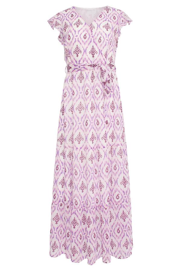 Smashed Lemon 24324 Maxi Wikkelstijl Jurk Met Vrouwelijke Aztekenprint | White-Purple
