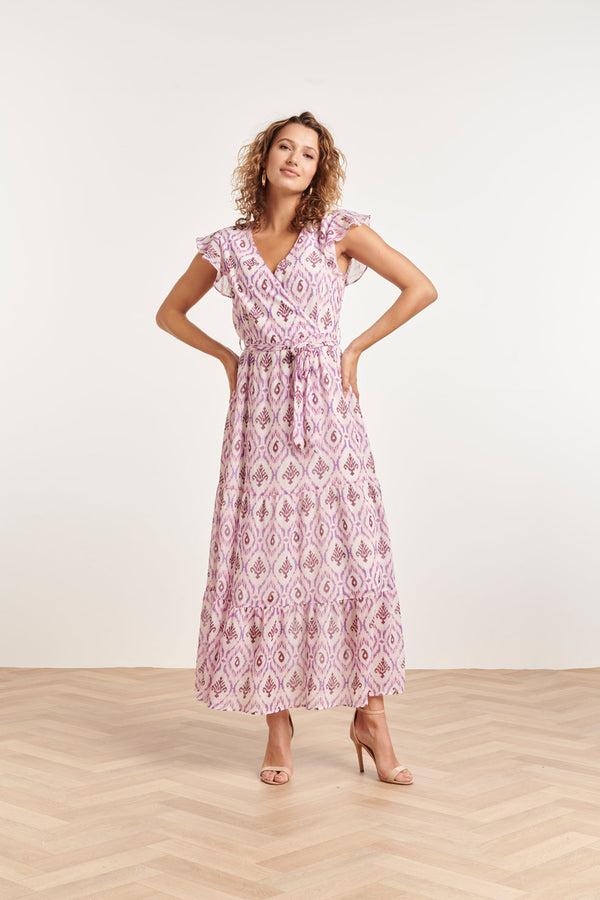 Smashed Lemon 24324 Maxi Wikkelstijl Jurk Met Vrouwelijke Aztekenprint | White-Purple
