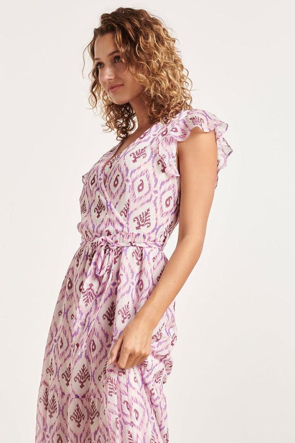 Smashed Lemon 24324 Maxi Wikkelstijl Jurk Met Vrouwelijke Aztekenprint | White-Purple