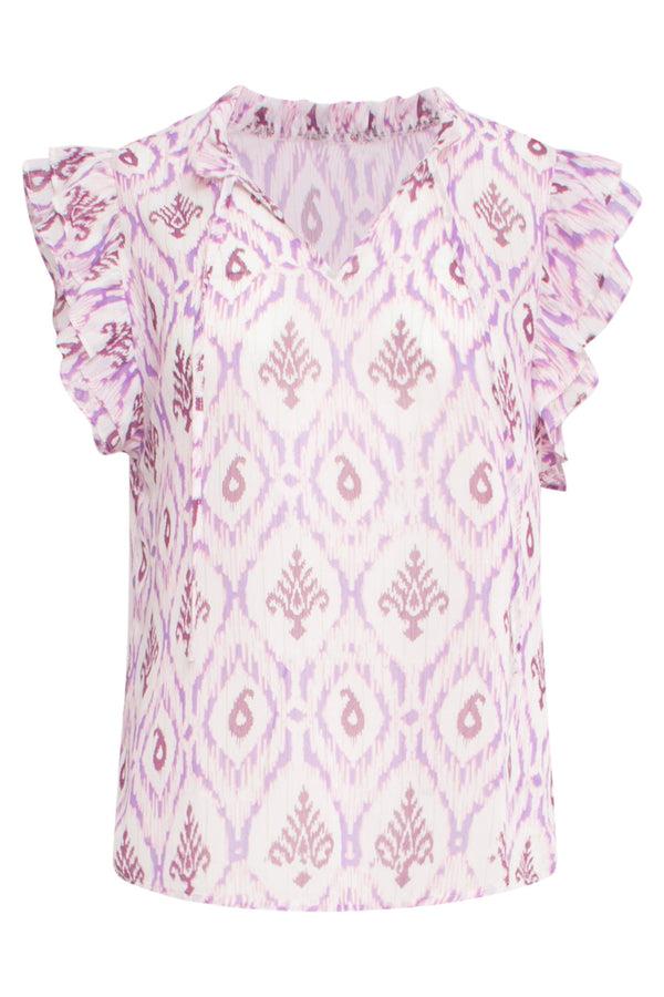 Smashed Lemon 24325 Aztekenprint Top Met Dubbele Volantmouwen | White-Purple