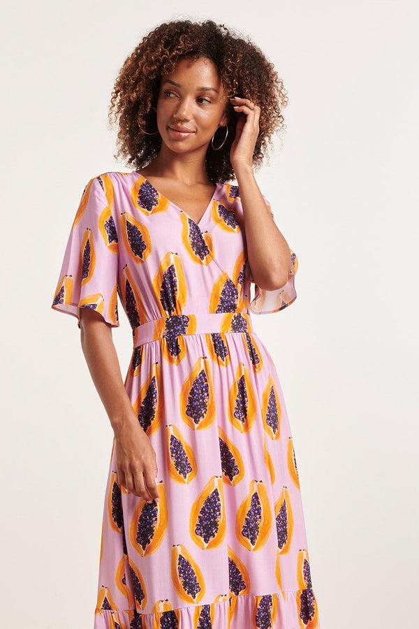 Smashed Lemon 24327 Lilae Papaya Print Maxi Jurk | Lilac-Multicolour