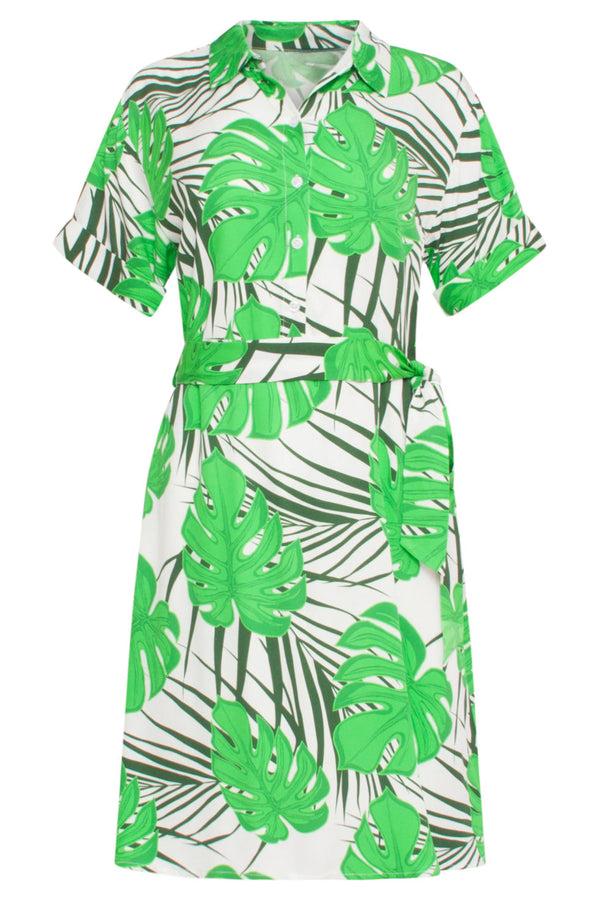 Smashed Lemon 24331 Kort Blad Patroon Overhemd Jurk | White-Green