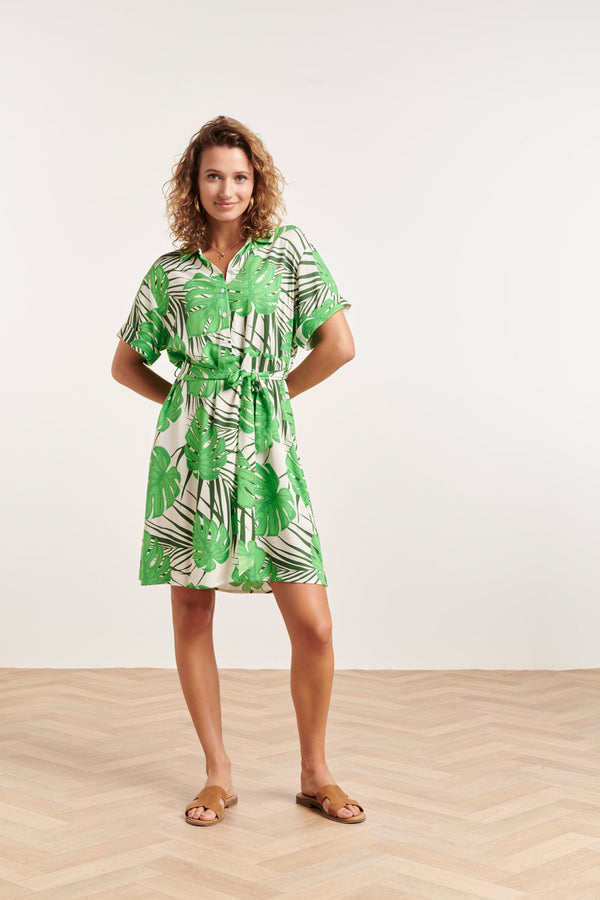 Smashed Lemon 24331 Kort Blad Patroon Overhemd Jurk | White-Green