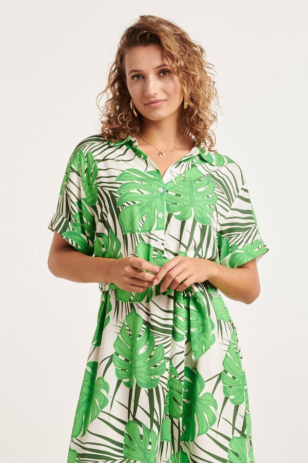 Smashed Lemon 24331 Kort Blad Patroon Overhemd Jurk | White-Green