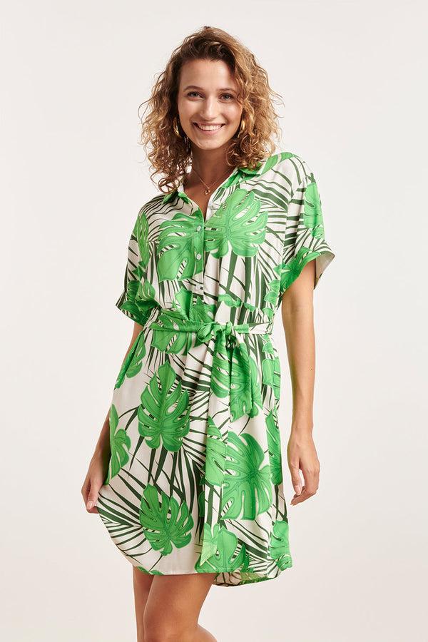 smashed lemon 24331 Kort Blad Patroon Overhemd Jurk | White-Green