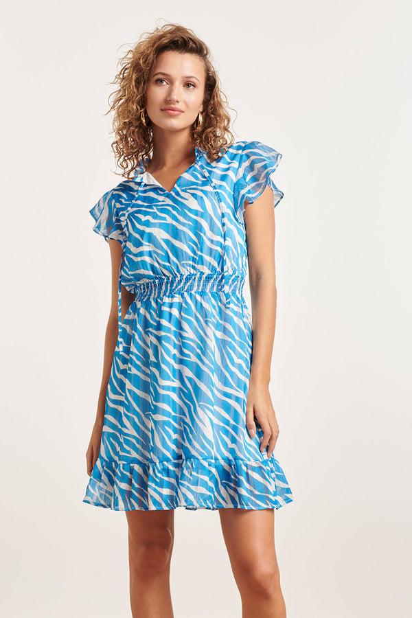 smashed lemon 24333 Kort Zomers Jurkje Met Helder Animal Print | White-Mid Blue