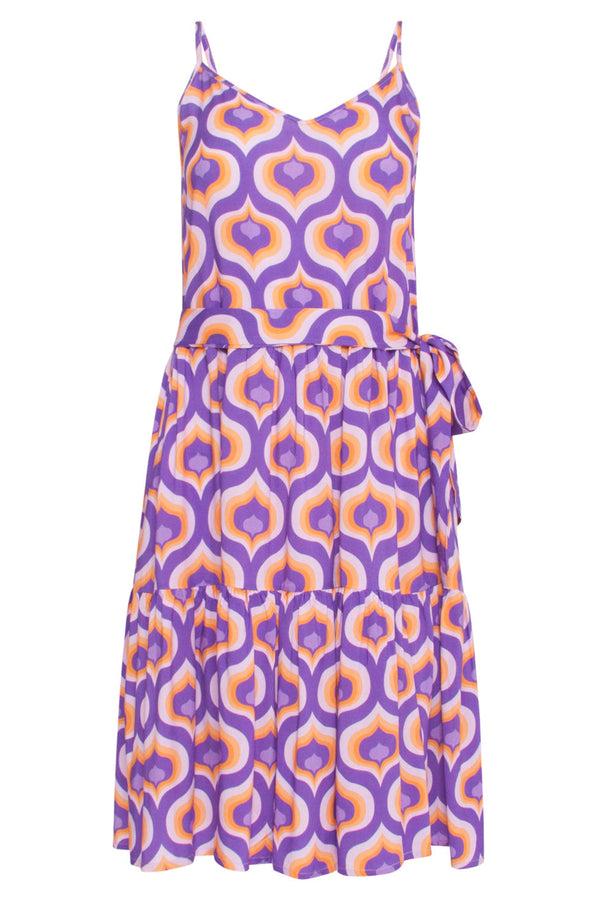 Smashed Lemon 24337 Retro Bedrukte Spaghettiband Jurk | Purple-Multicolour
