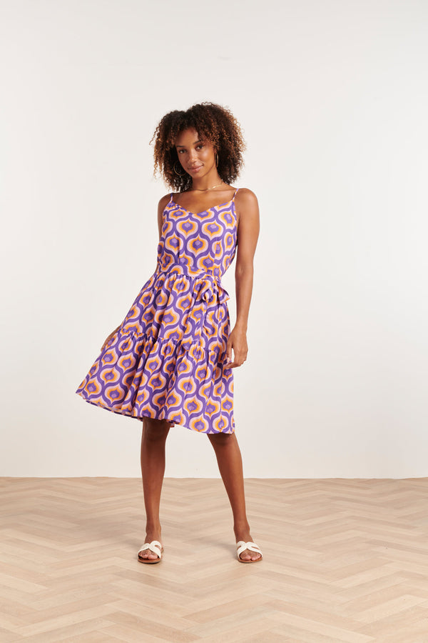 Smashed Lemon 24337 Retro Bedrukte Spaghettiband Jurk | Purple-Multicolour