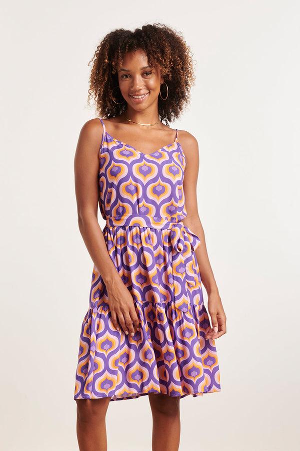 Smashed Lemon 24337 Retro Bedrukte Spaghettiband Jurk | Purple-Multicolour