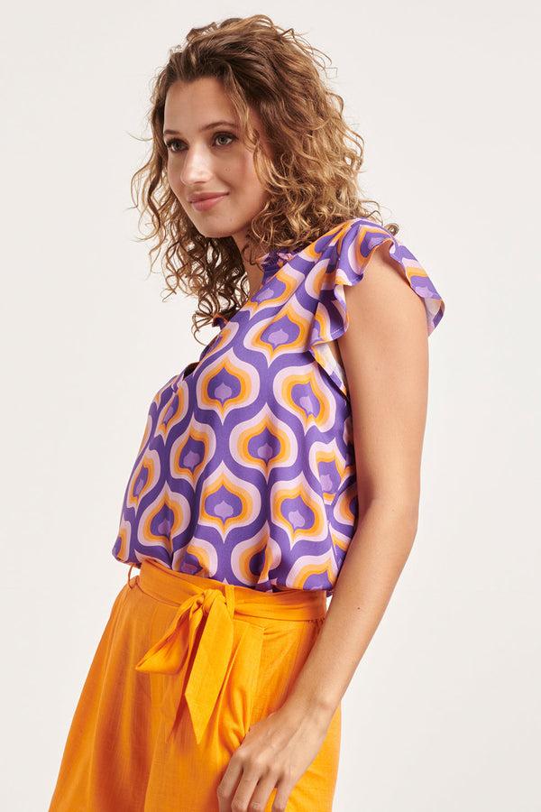 Smashed Lemon 24338 V-Hals Retro Bedrukte Top | Purple-Multicolour